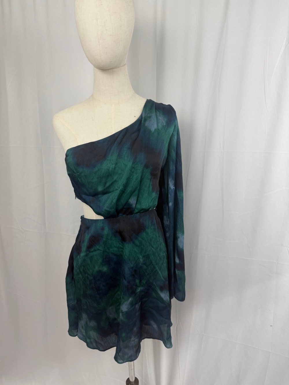 Free People One-Shoulder Green and Navy Tie-Dye Mini Dress
